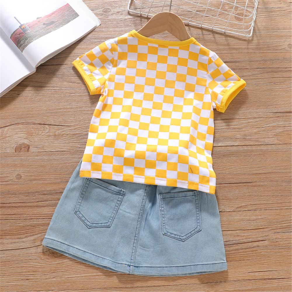 Girls Short Sleeve Plaid Top & Denim Skirt trendy kids wholesale clothing