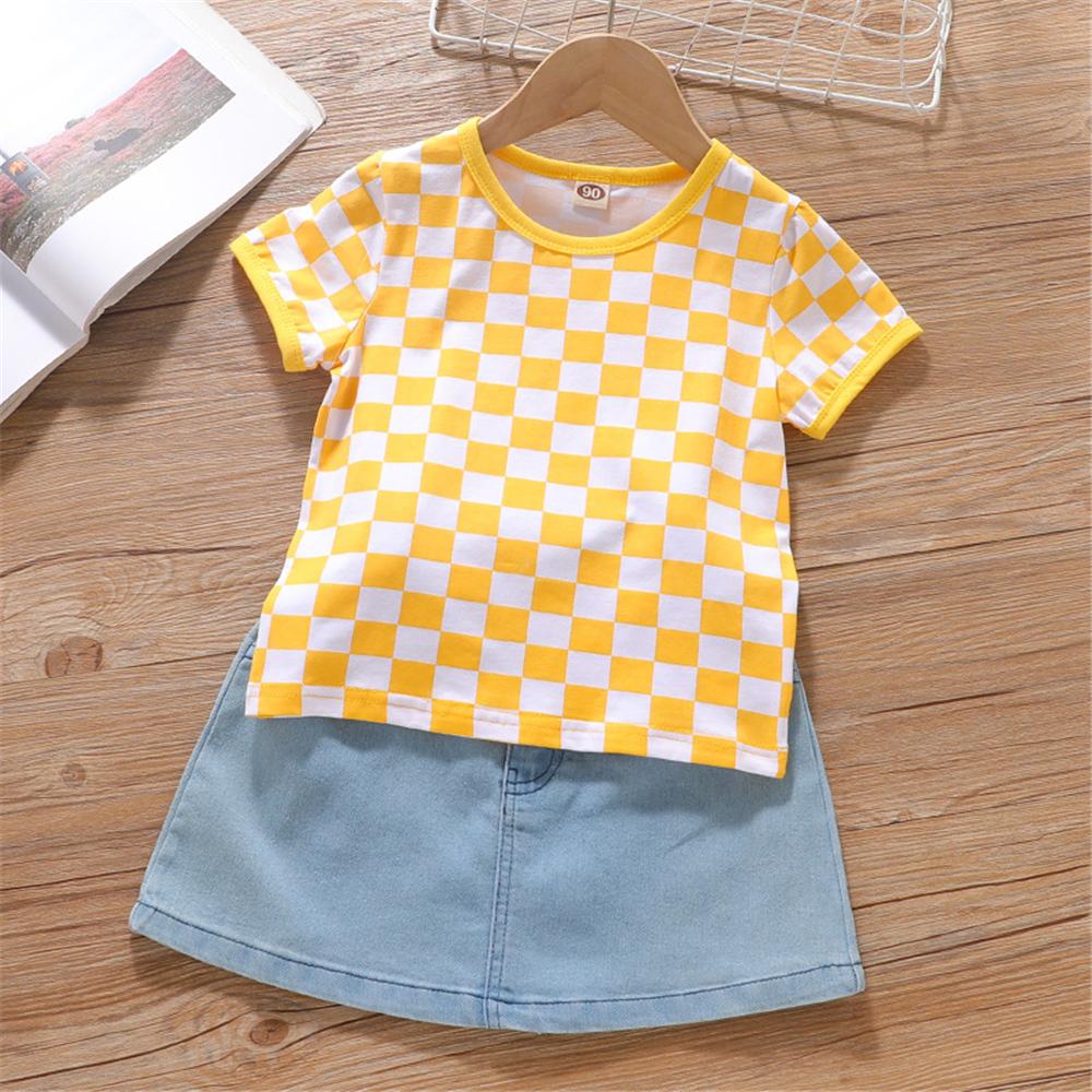 Girls Short Sleeve Plaid Top & Denim Skirt trendy kids wholesale clothing