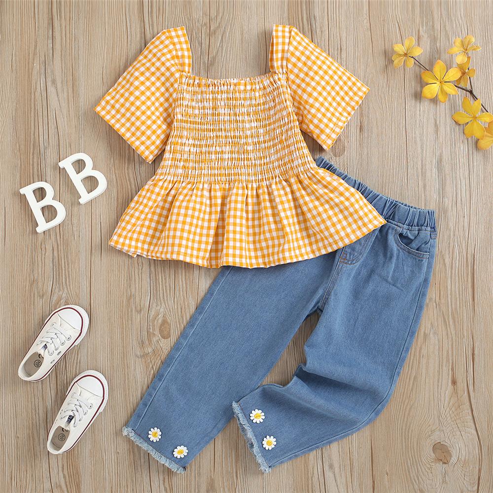 Girls Short Sleeve Plaid Top & Jeans kids clothing wholesale