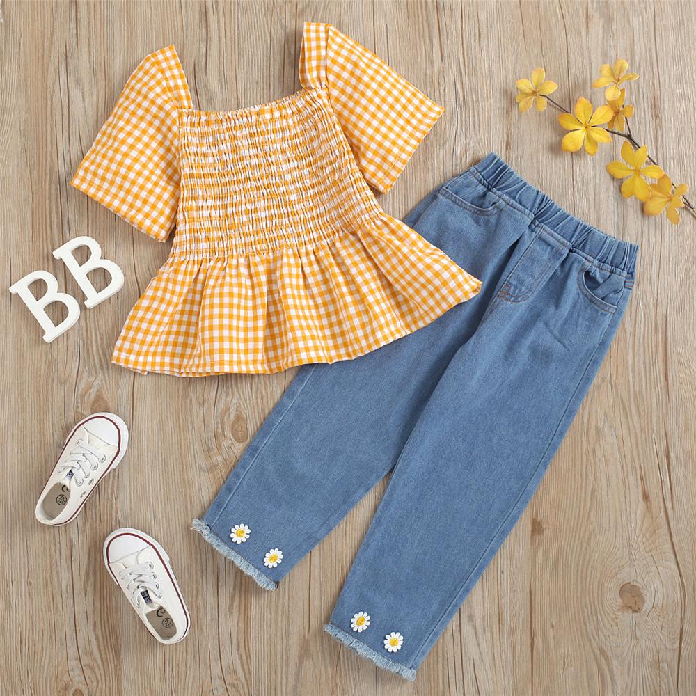 Girls Short Sleeve Plaid Top & Jeans kids clothing wholesale