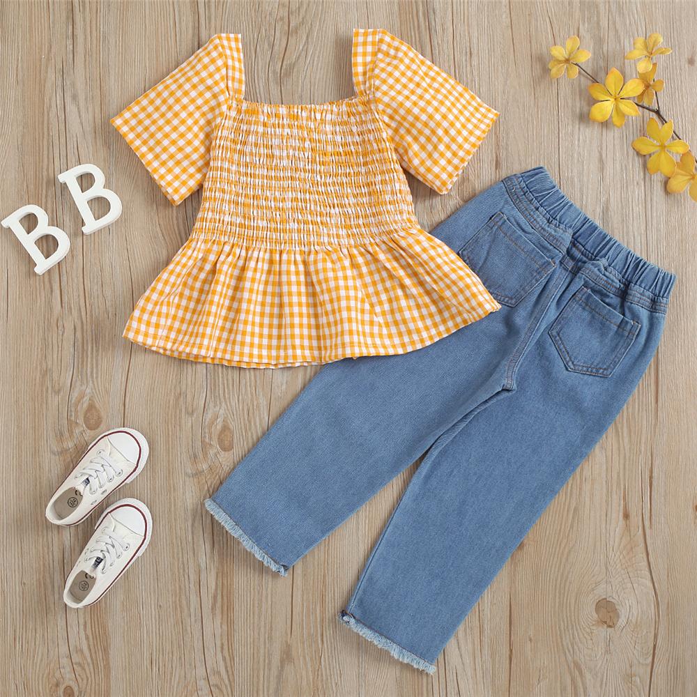 Girls Short Sleeve Plaid Top & Jeans kids clothing wholesale