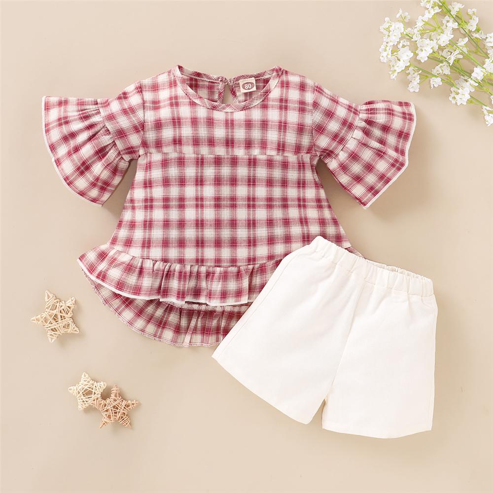 Girls Short Sleeve Plaid Top & Shorts kids clothes wholesale