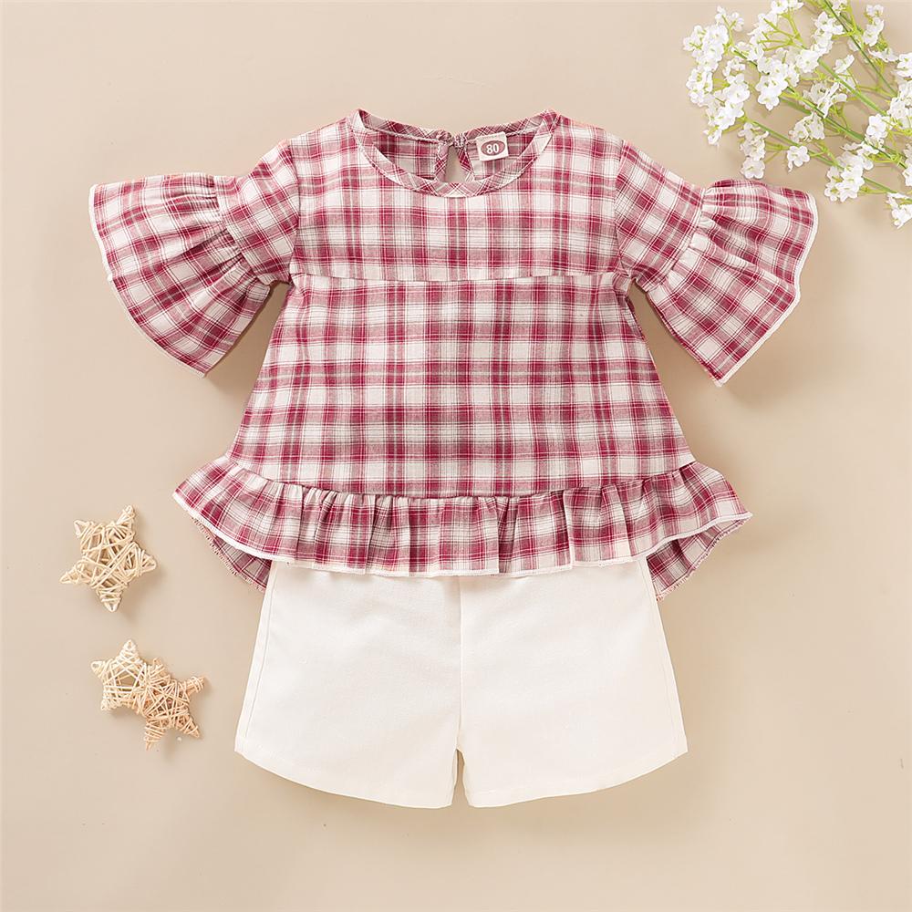 Girls Short Sleeve Plaid Top & Shorts kids clothes wholesale