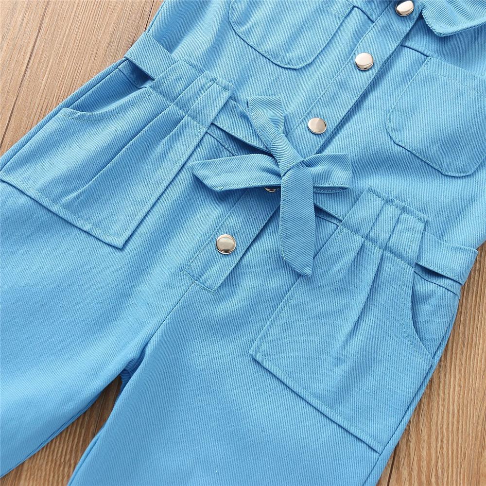 Girls Short Sleeve Pocket Lapel Jumpsuit Cheap Childrens Clothes Wholesale