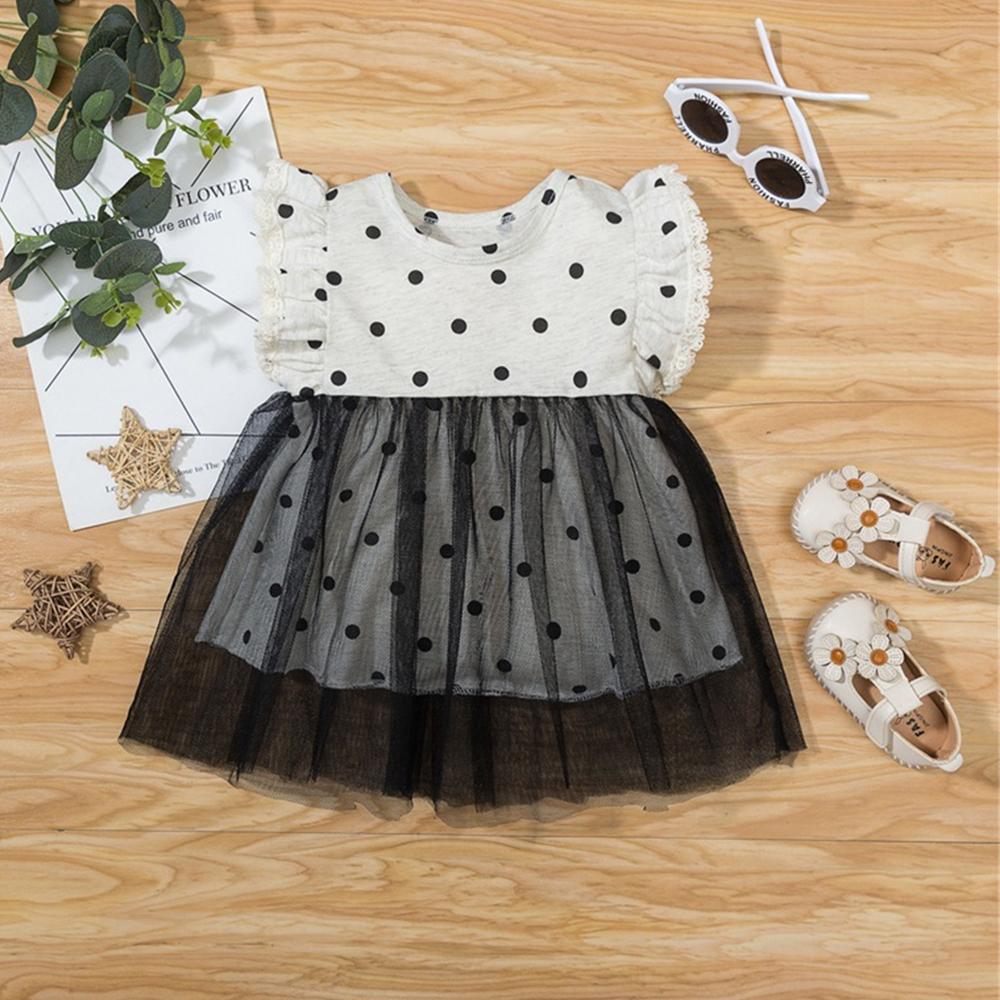 Baby Girls Short Sleeve Polka Dot Printed Crew Neck Tulle Dress Wholesale Baby Clothes