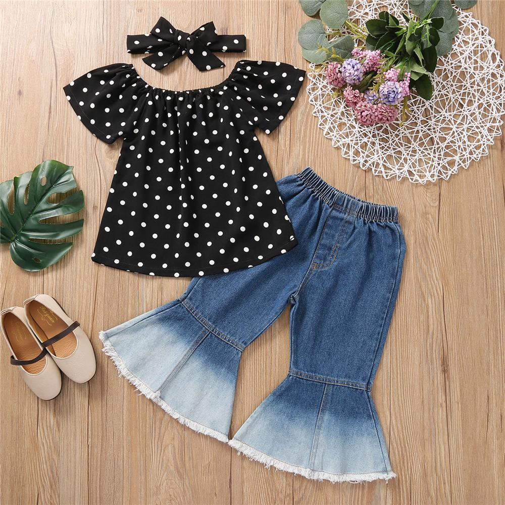 Girls Short Sleeve Polka Dot Top & Flared Pants trendy kids wholesale clothing