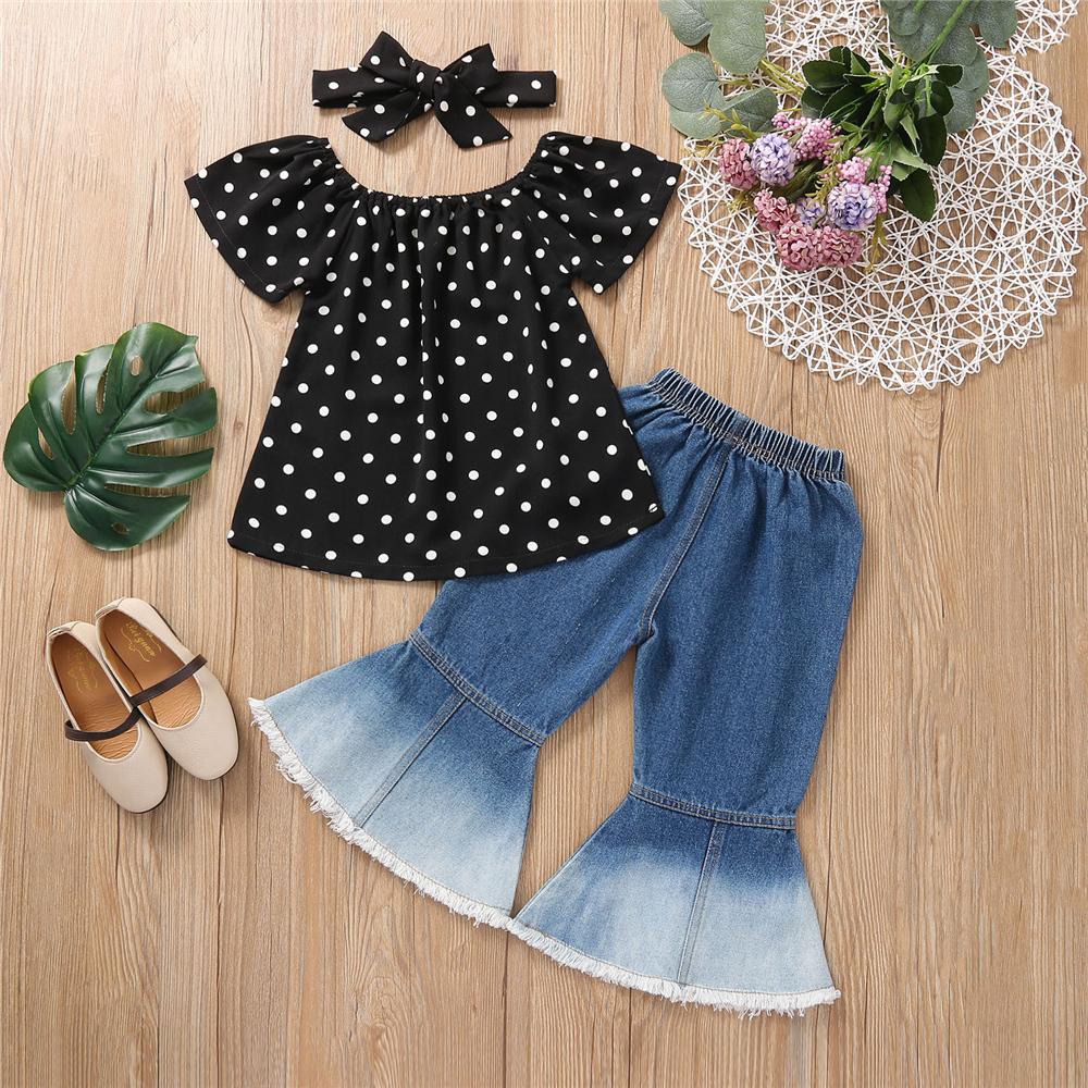 Girls Short Sleeve Polka Dot Top & Flared Pants trendy kids wholesale clothing