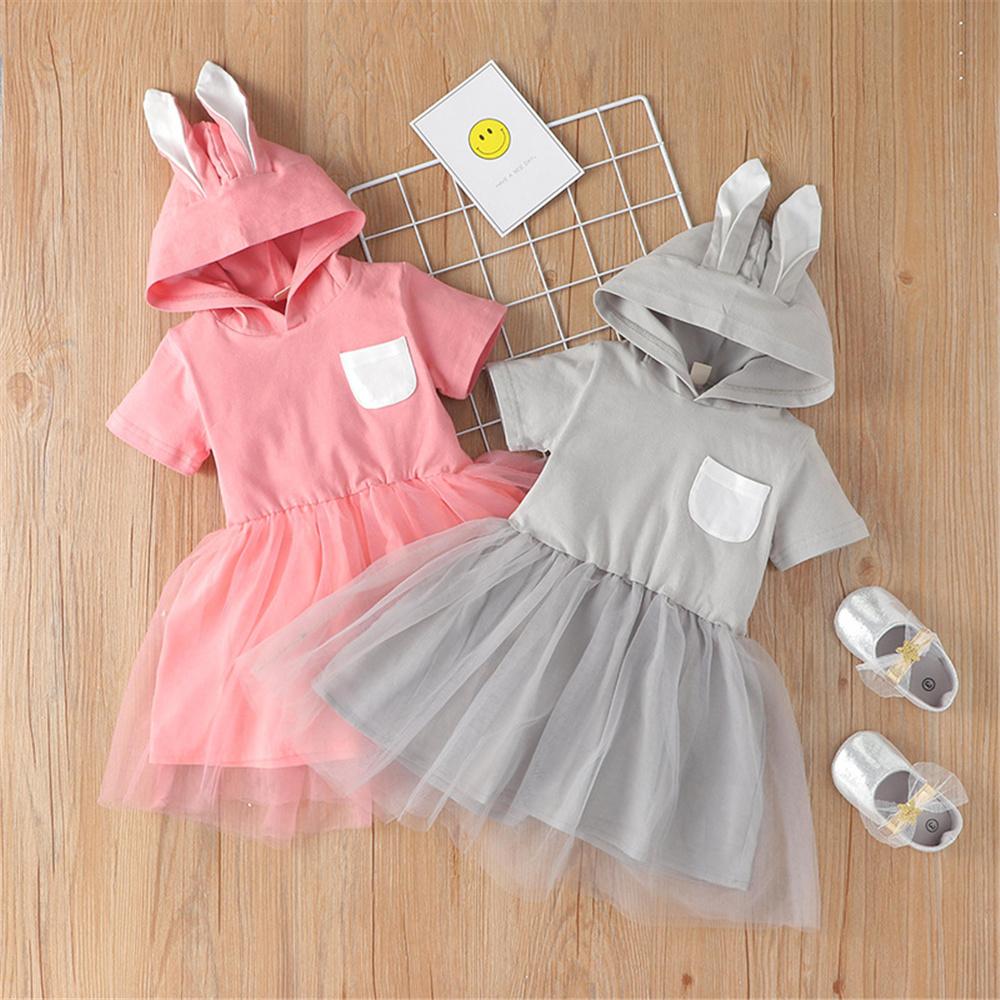 Girls Short Sleeve Rabbit Ear Hooded Mesh Dress Wholesale Little Girl Boutique Clothing