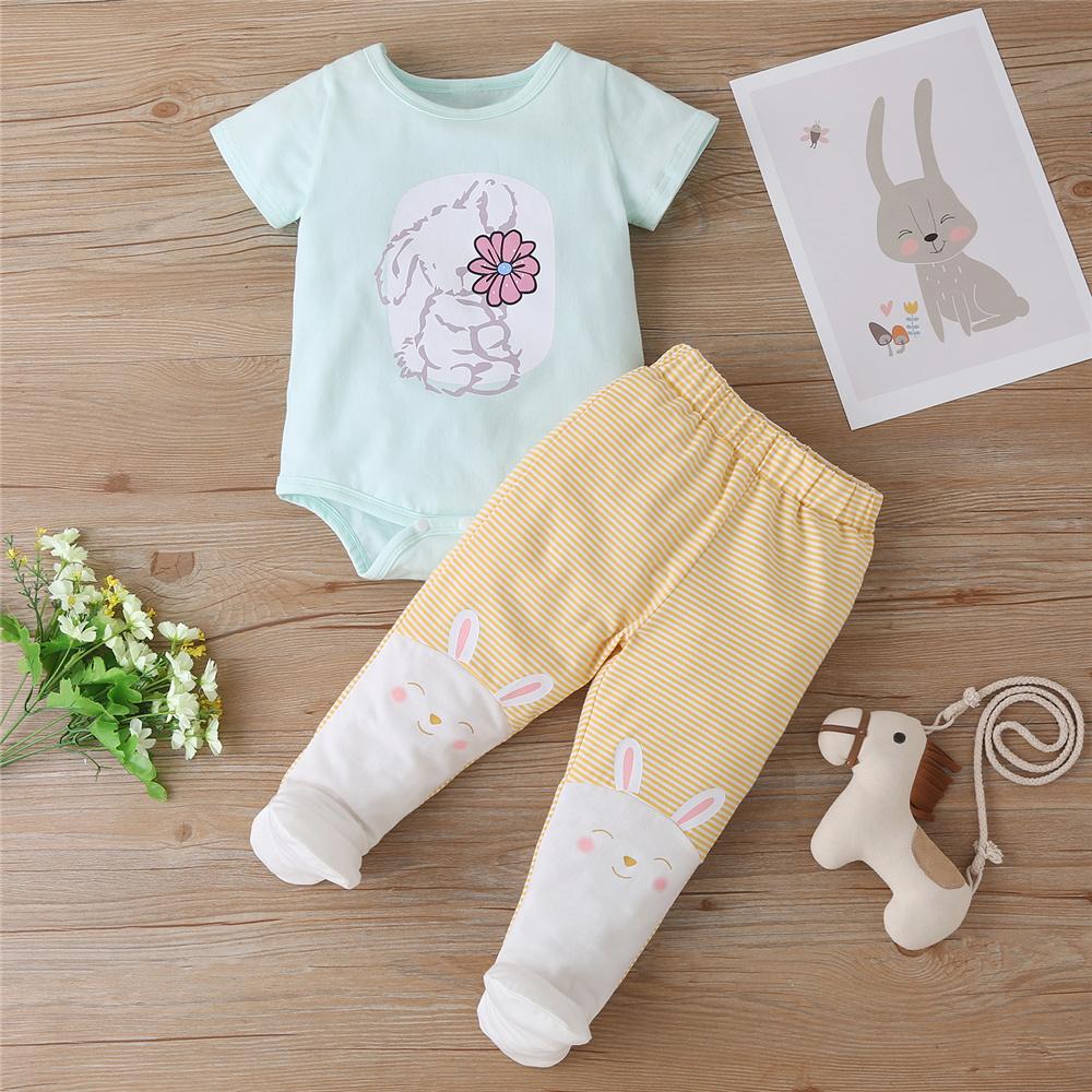 Baby Girls Short Sleeve Rabbit Flower Printed Romper & Striped Pants baby clothes vendors