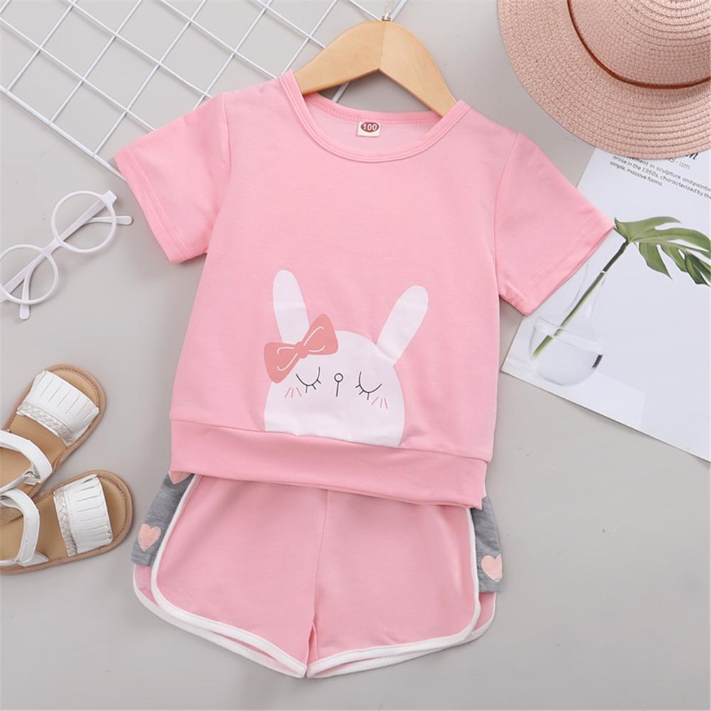 Girls Short Sleeve Rabbit Printed T-shirt & Shorts wholesale kids clothing