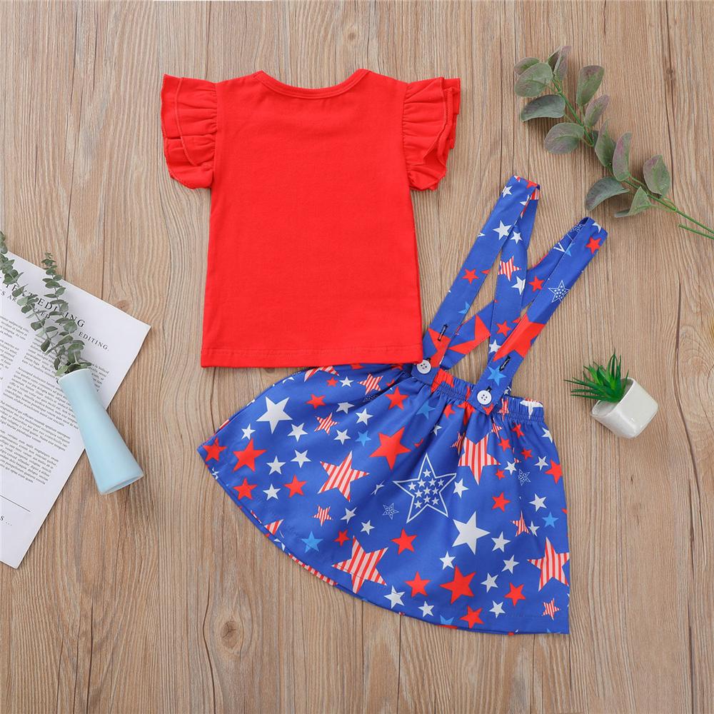 Girls Short Sleeve Red Top & Star Printed Suspender Skirt trendy kids wholesale clothing