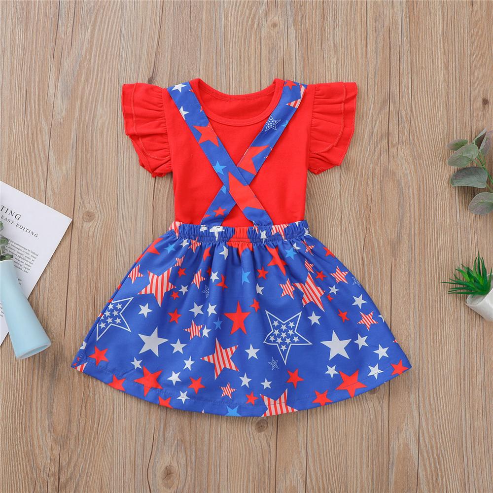 Girls Short Sleeve Red Top & Star Printed Suspender Skirt trendy kids wholesale clothing