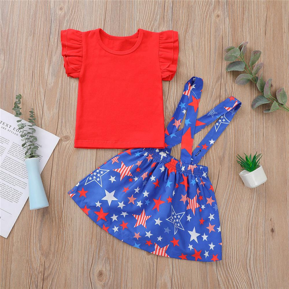 Girls Short Sleeve Red Top & Star Printed Suspender Skirt trendy kids wholesale clothing