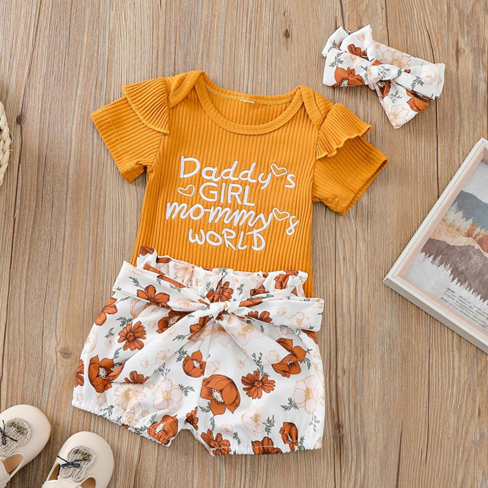 Baby Girls Short Sleeve Ruffled Letter Dadddys Girl Mommys World Printed Romper & Shorts & Headband Wholesale Baby Outfits