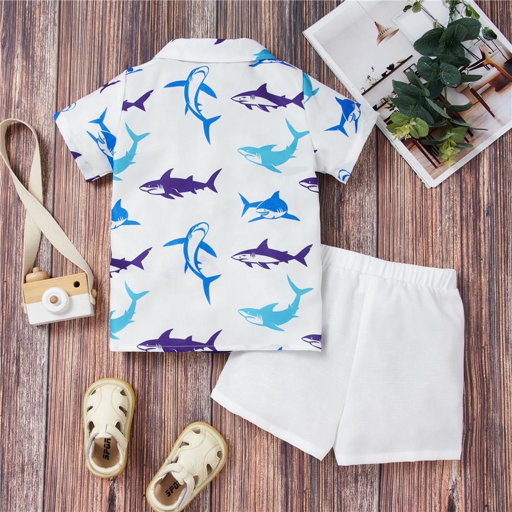 Boys Short Sleeve Shark Printed Lapel Shirts & Shorts wholesale boys clothing