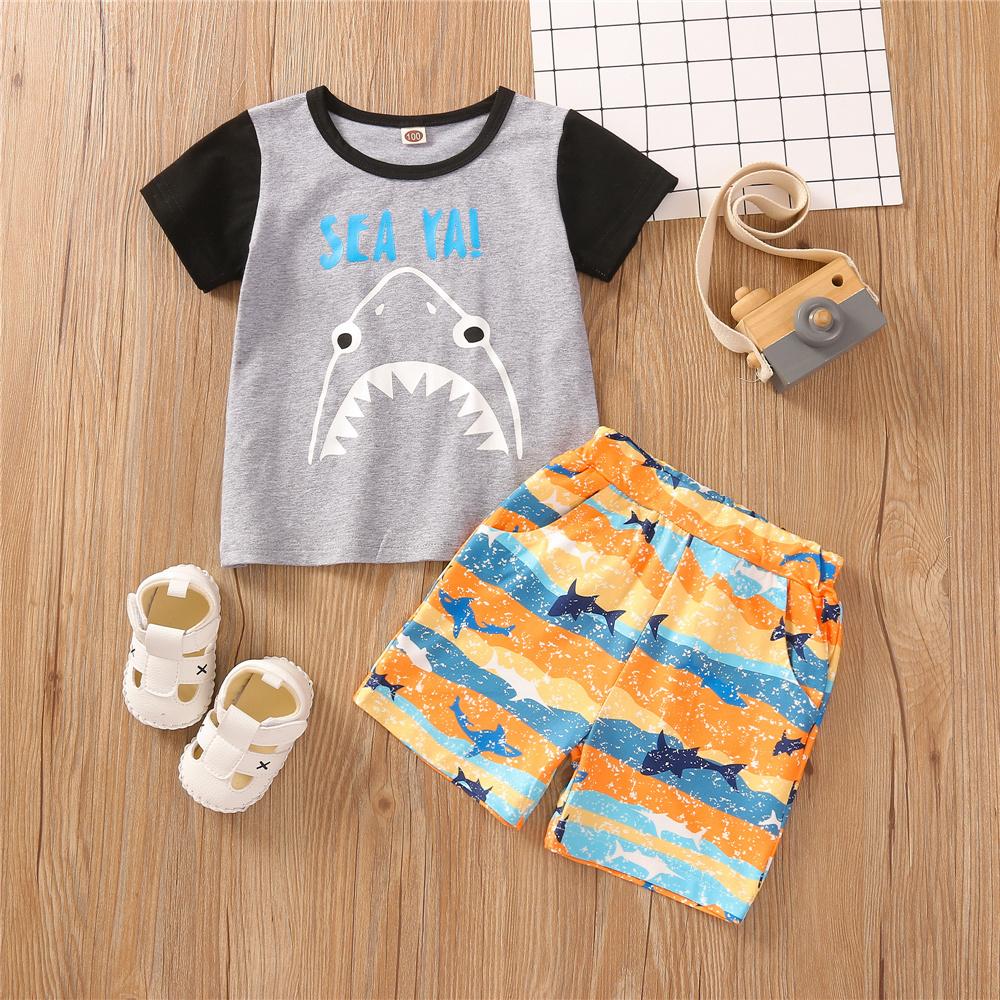 Boys Short Sleeve Shark Sea Ya Letter Printed Top & Shorts Boys Summer Outfits