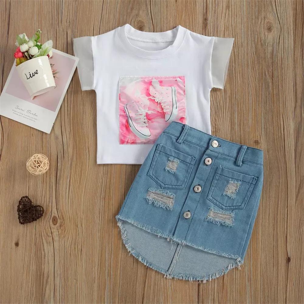 Girls Short Sleeve Shoes Printed T-shirt & Ripped Denim Skirt Cheap Childrens Clothes Wholesale