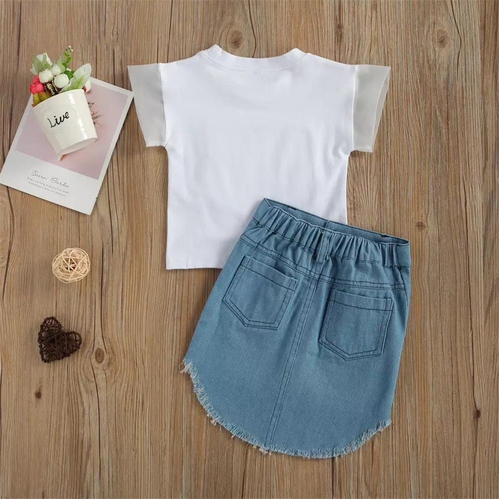 Girls Short Sleeve Shoes Printed T-shirt & Ripped Denim Skirt Cheap Childrens Clothes Wholesale