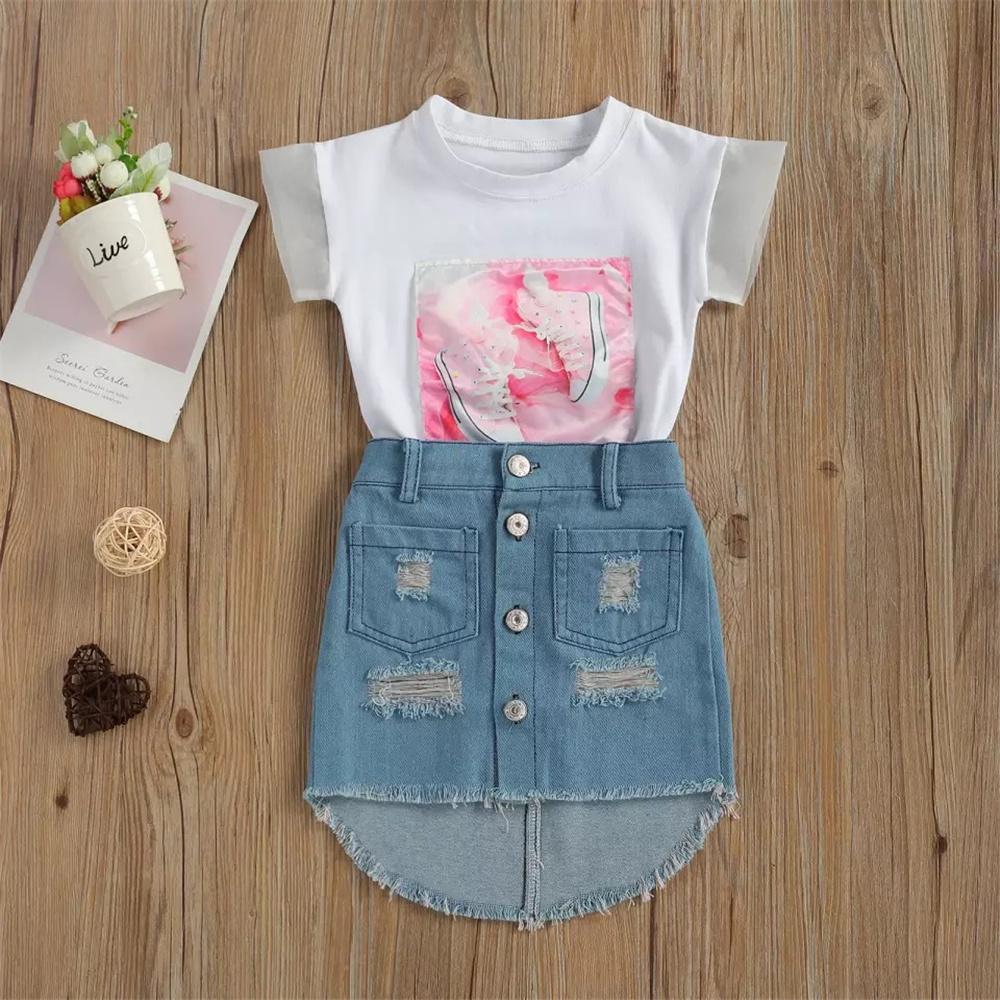 Girls Short Sleeve Shoes Printed T-shirt & Ripped Denim Skirt Cheap Childrens Clothes Wholesale