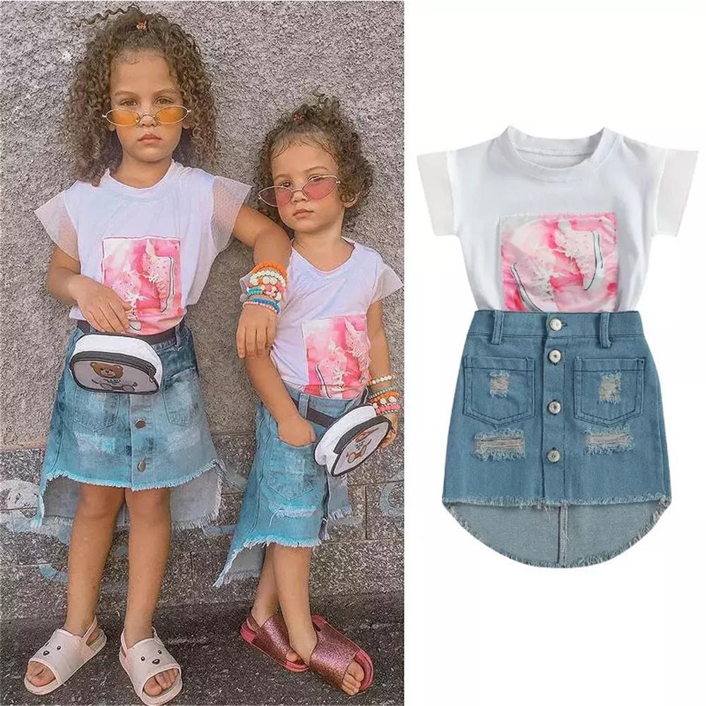 Girls Short Sleeve Shoes Printed T-shirt & Ripped Denim Skirt Cheap Childrens Clothes Wholesale