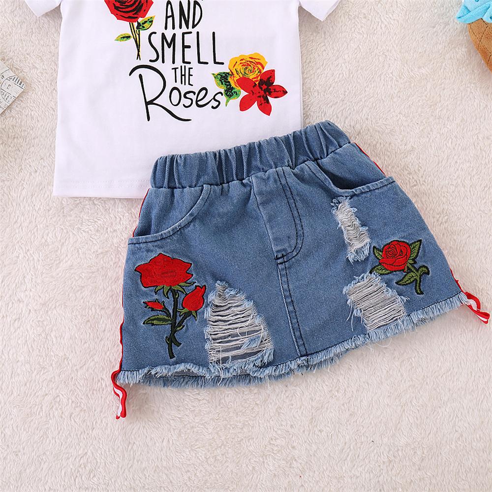 Girls Short Sleeve Smell The Rose Printed  Top & Ripped Denim Skirt Girls Clothing Wholesale