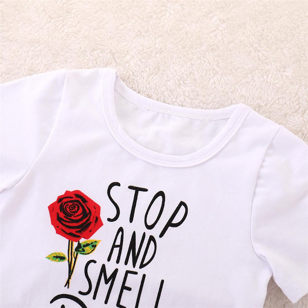 Girls Short Sleeve Smell The Rose Printed  Top & Ripped Denim Skirt Girls Clothing Wholesale