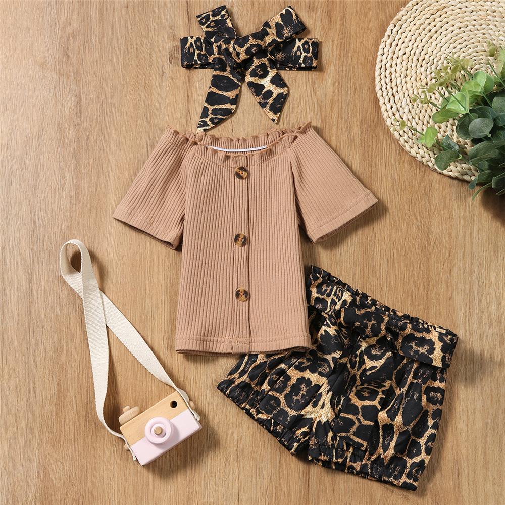 Baby Girls Short Sleeve Solid Button Off-shoulder Top & Floral Leopard Shorts & Headband Cheap Baby Clothes Wholesale