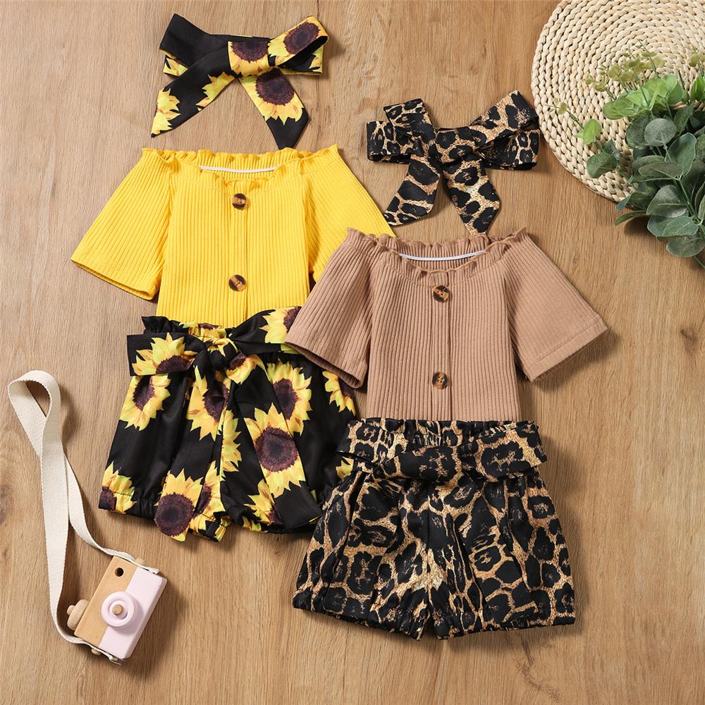 Baby Girls Short Sleeve Solid Button Off-shoulder Top & Floral Leopard Shorts & Headband Cheap Baby Clothes Wholesale