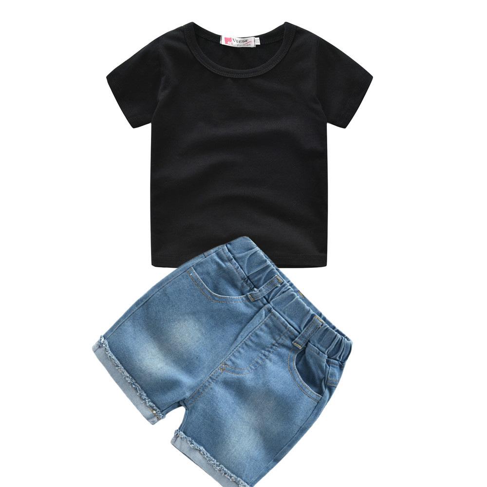 Boys Short Sleeve Solid Color Top & Denim Shorts trendy kids wholesale clothing