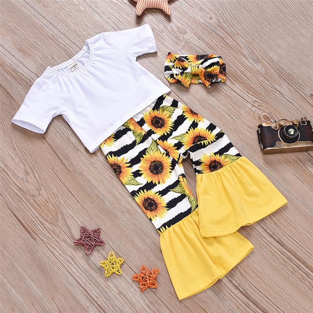Girls Short Sleeve Solid Color Top & Striped Sunflower Bell Pants & Headband Girl Boutique Clothing Wholesale