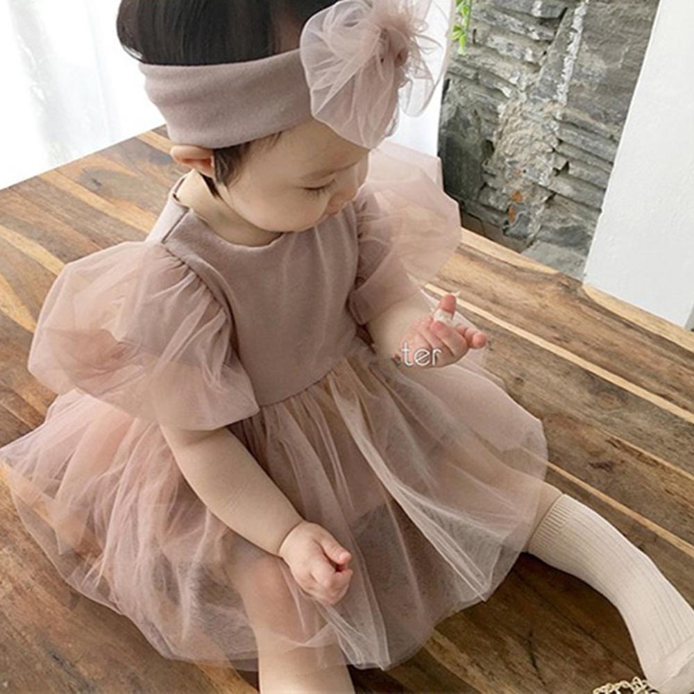 Baby Girls Short Sleeve Solid Puff Mesh Romper & Headband Wholesale Baby Clothes