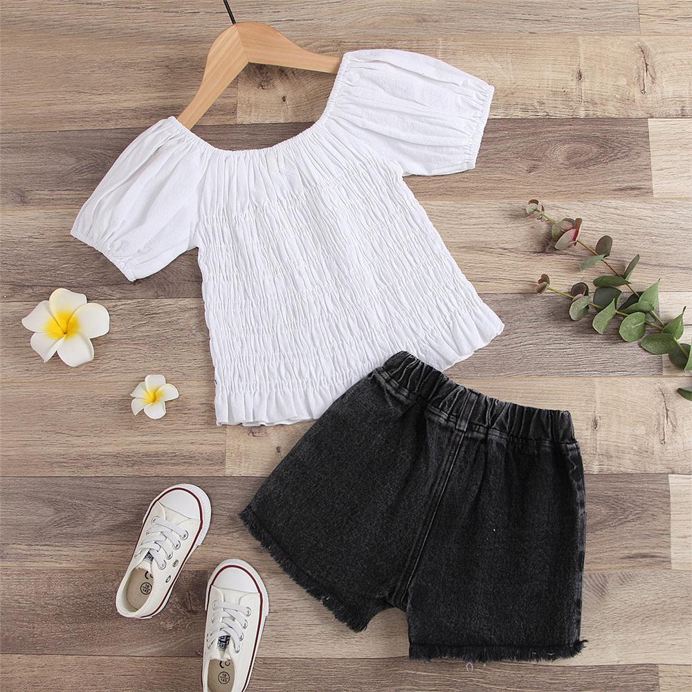 Girls Short Sleeve Solid Top & Denim Shorts wholesale kids clothing