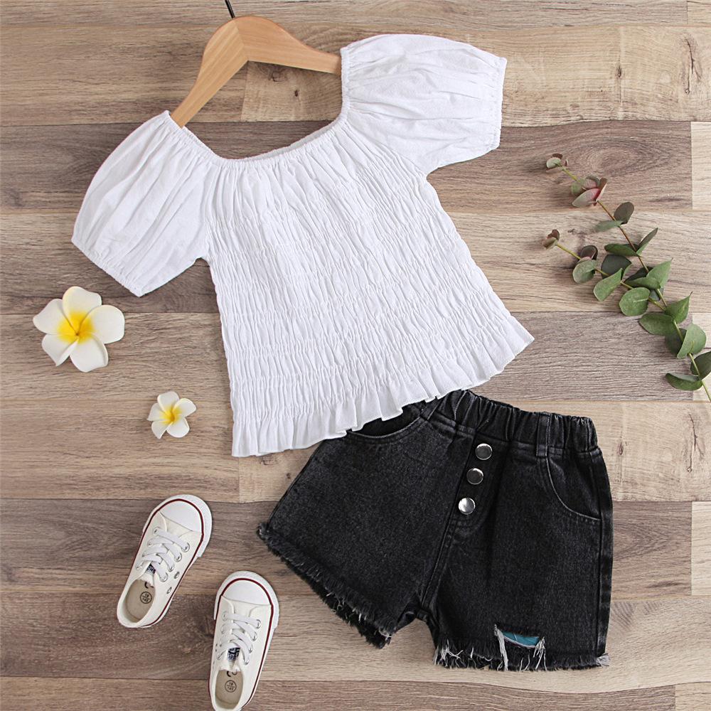 Girls Short Sleeve Solid Top & Denim Shorts wholesale kids clothing