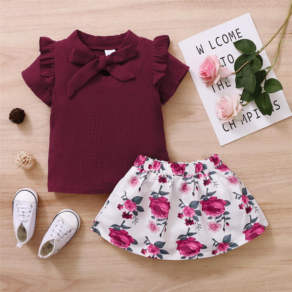 Girls Short Sleeve Solid Top & Floral Skirt kids clothing wholesale