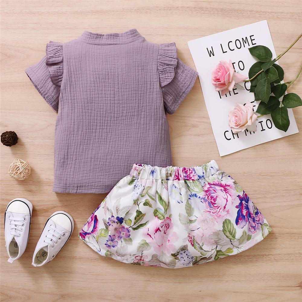 Girls Short Sleeve Solid Top & Floral Skirt kids clothing wholesale