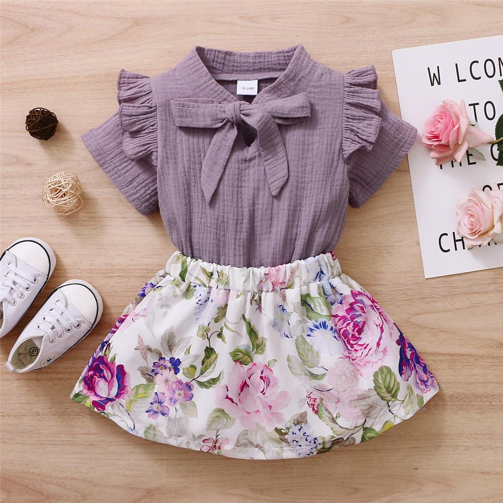 Girls Short Sleeve Solid Top & Floral Skirt kids clothing wholesale