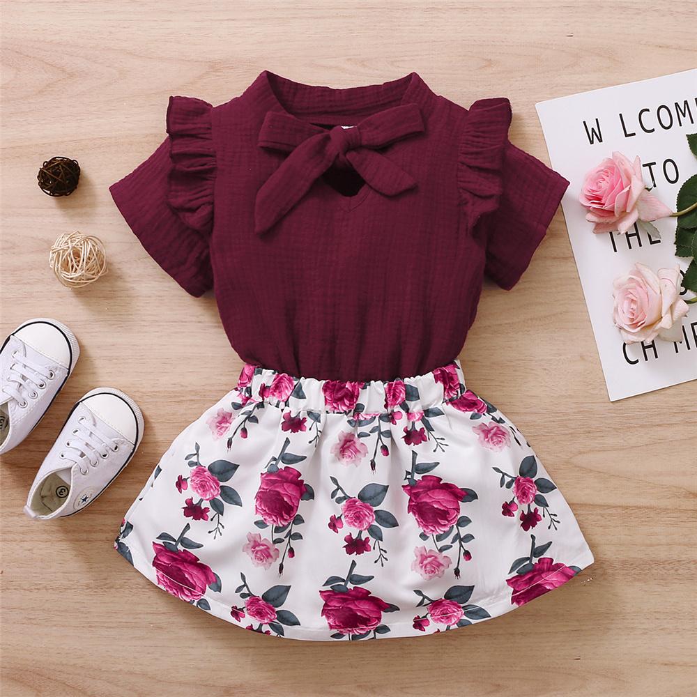 Girls Short Sleeve Solid Top & Floral Skirt kids clothing wholesale