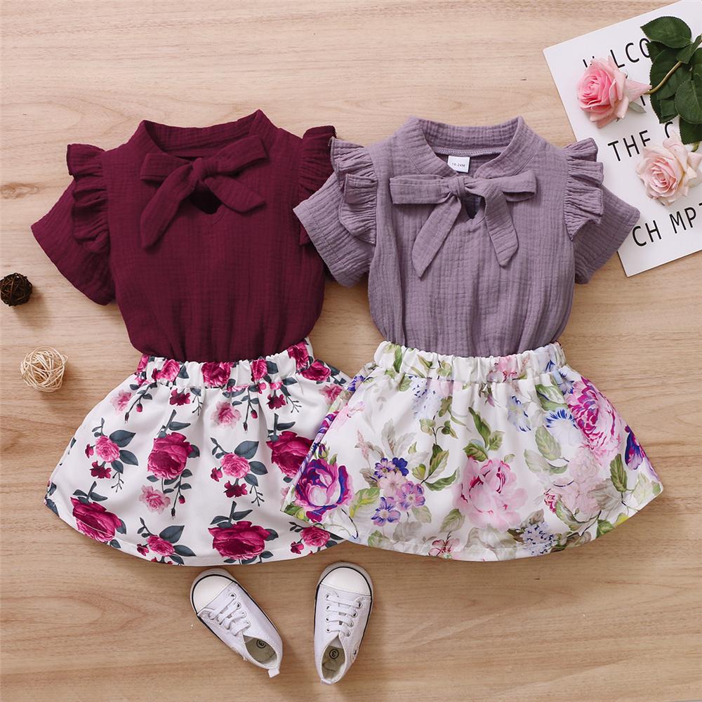 Girls Short Sleeve Solid Top & Floral Skirt kids clothing wholesale