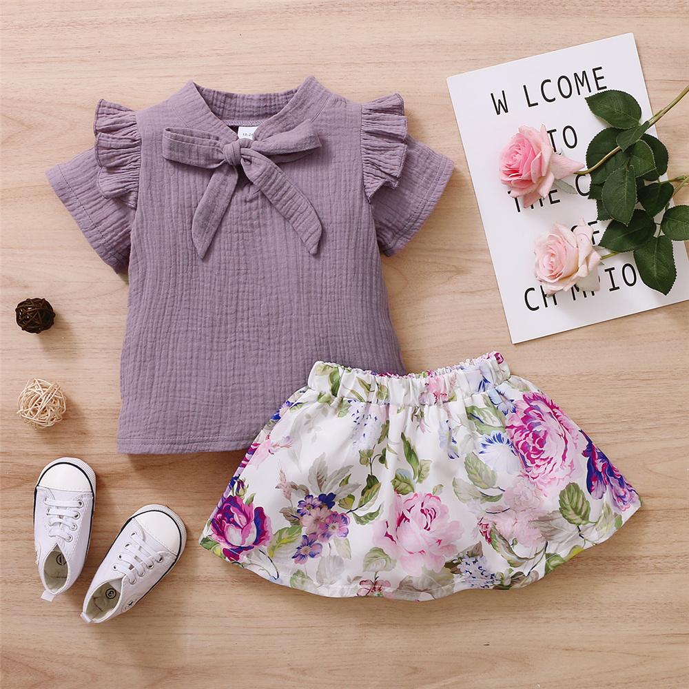 Girls Short Sleeve Solid Top & Floral Skirt kids clothing wholesale