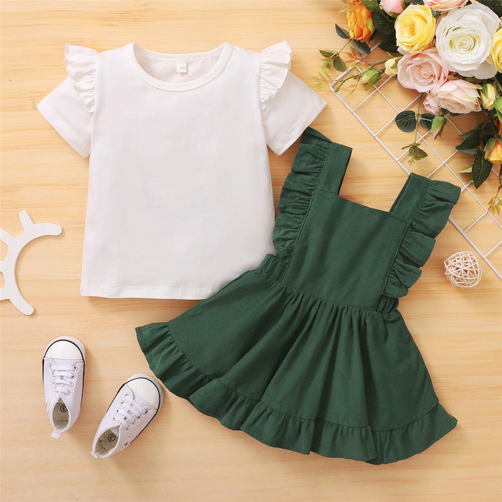 Girls Short Sleeve Solid Top & Suspender Dress children wholesale clothing