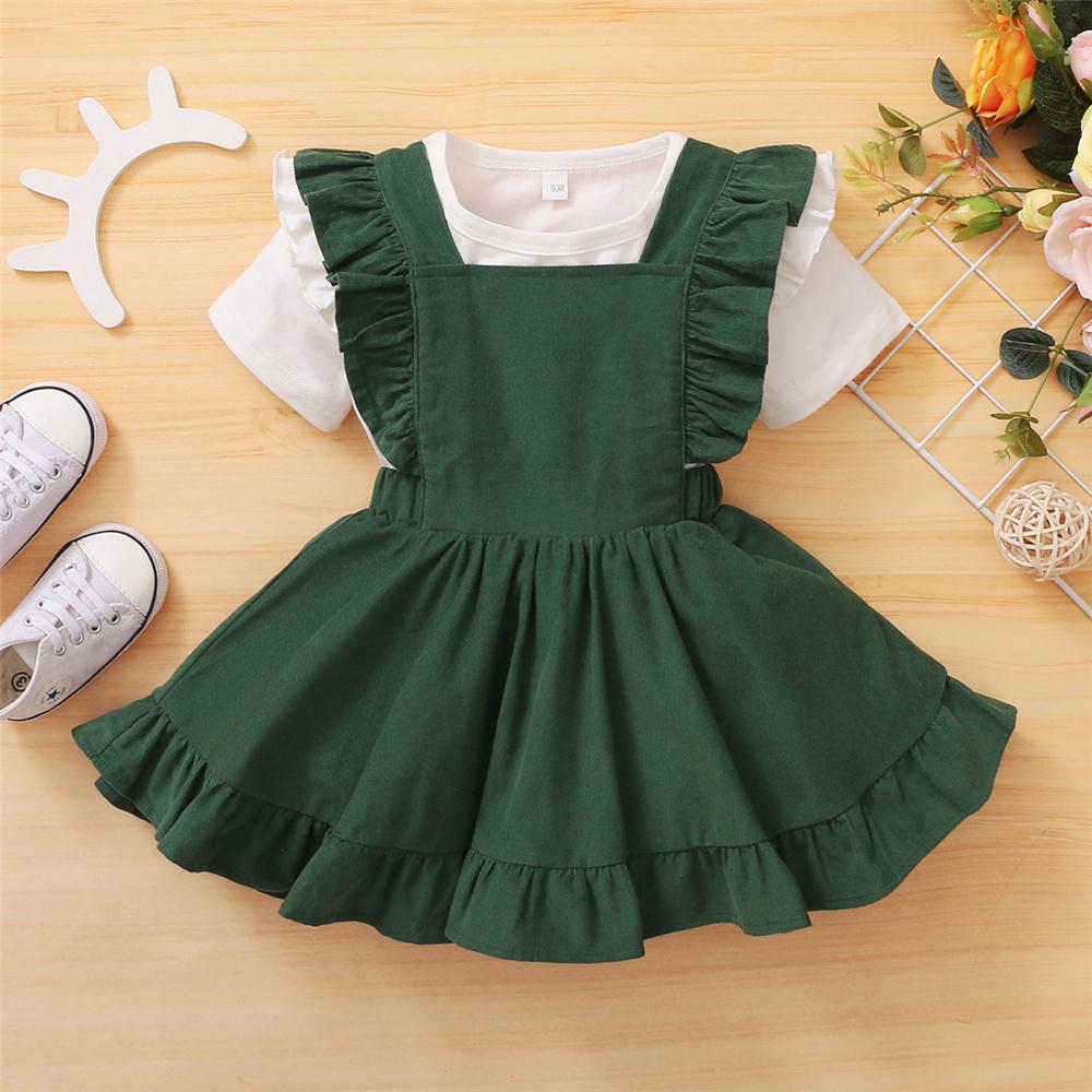 Girls Short Sleeve Solid Top & Suspender Dress children wholesale clothing