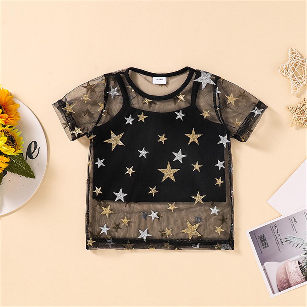 Girls Short Sleeve Star Mesh Top& Ripped Jeans kids clothes wholesale