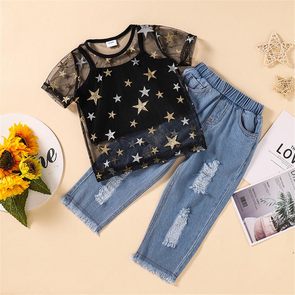 Girls Short Sleeve Star Mesh Top& Ripped Jeans kids clothes wholesale