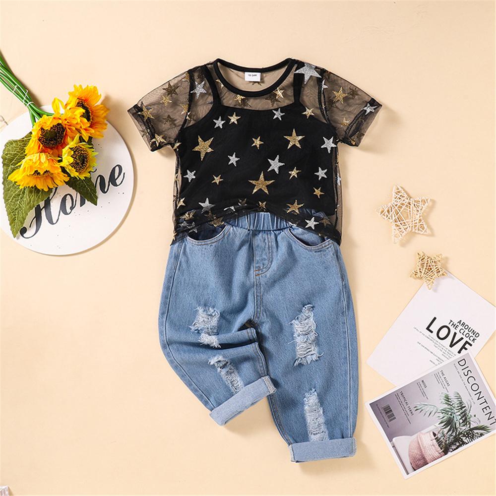 Girls Short Sleeve Star Mesh Top& Ripped Jeans kids clothes wholesale