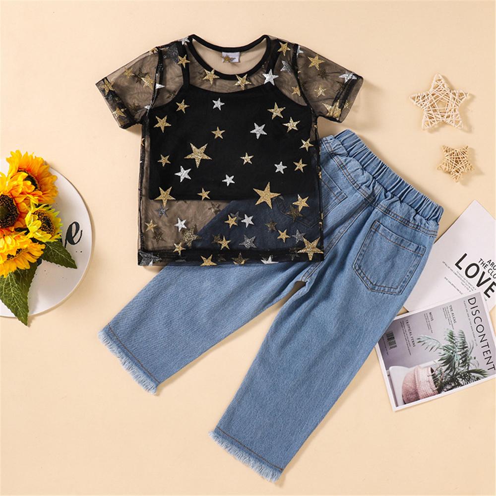 Girls Short Sleeve Star Mesh Top& Ripped Jeans kids clothes wholesale