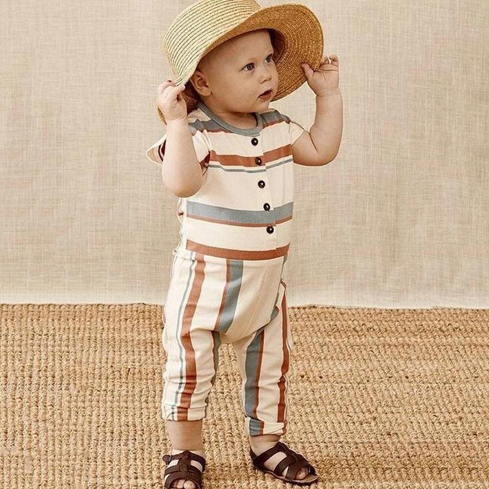 Baby Unisex Short Sleeve Striped Button Jumpsuit bulk baby clothes