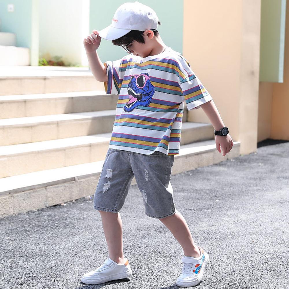 Boys Short Sleeve Striped Dinosaur Top & Shorts Wholesale Kids Clothing Distributors