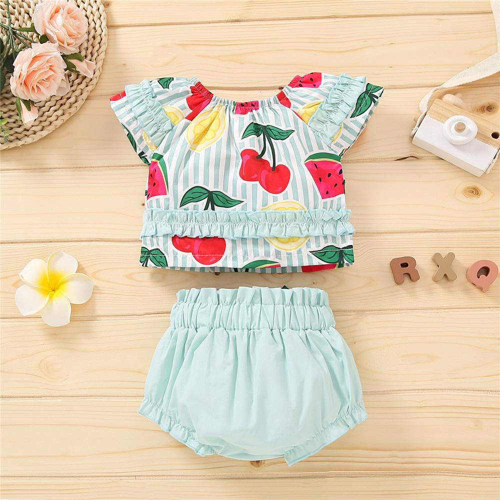 Girls Short Sleeve Striped Fruit Printed Top & Shorts wholesale toddler clothing