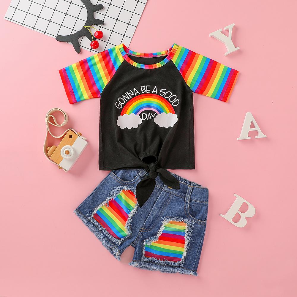 Girls Short Sleeve Striped Letter Rainbow Printed Top & Denim Shorts wholesale children's boutique clothing suppliers usa