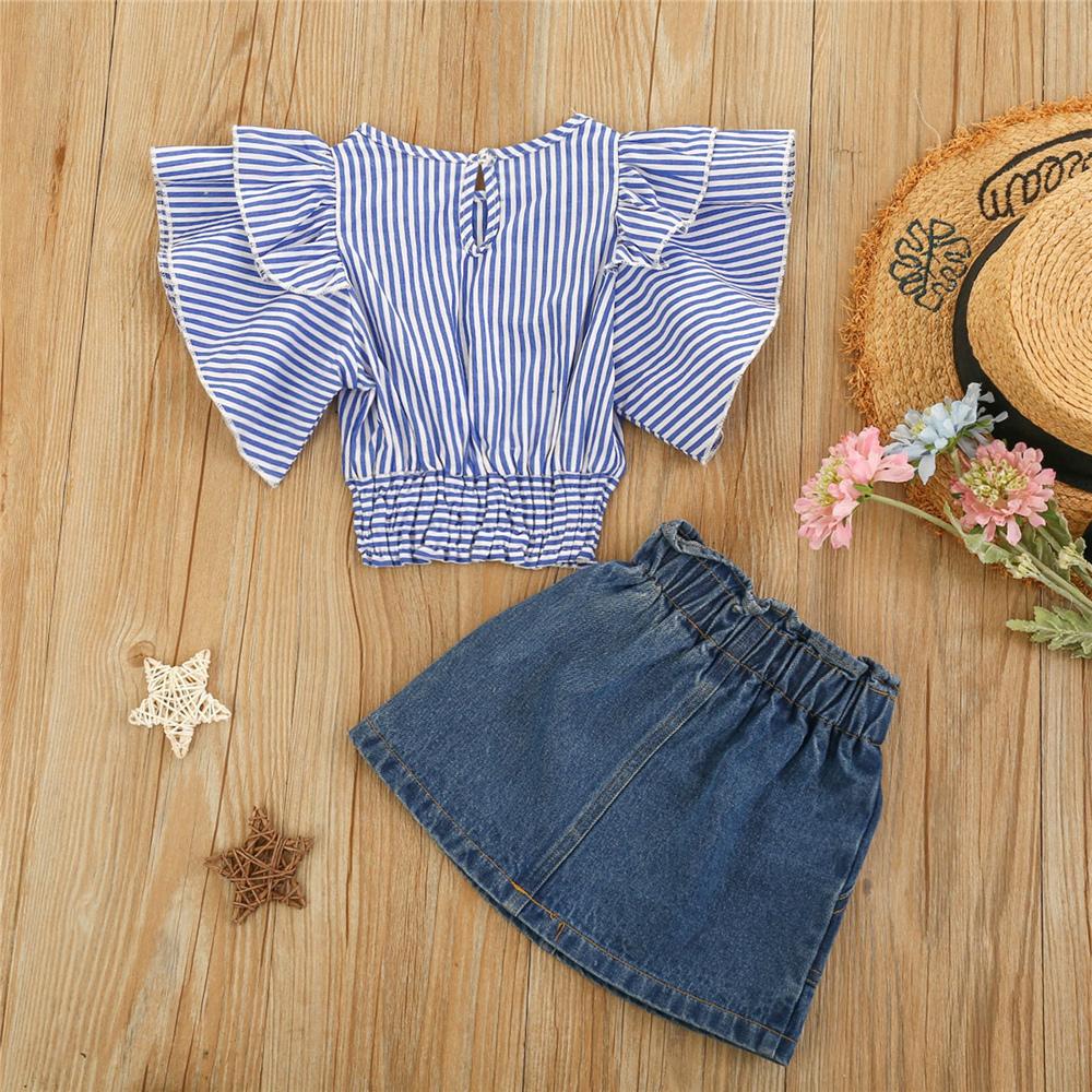 Girls Short Sleeve Striped Top & Denim Skirt wholesale kids clothing